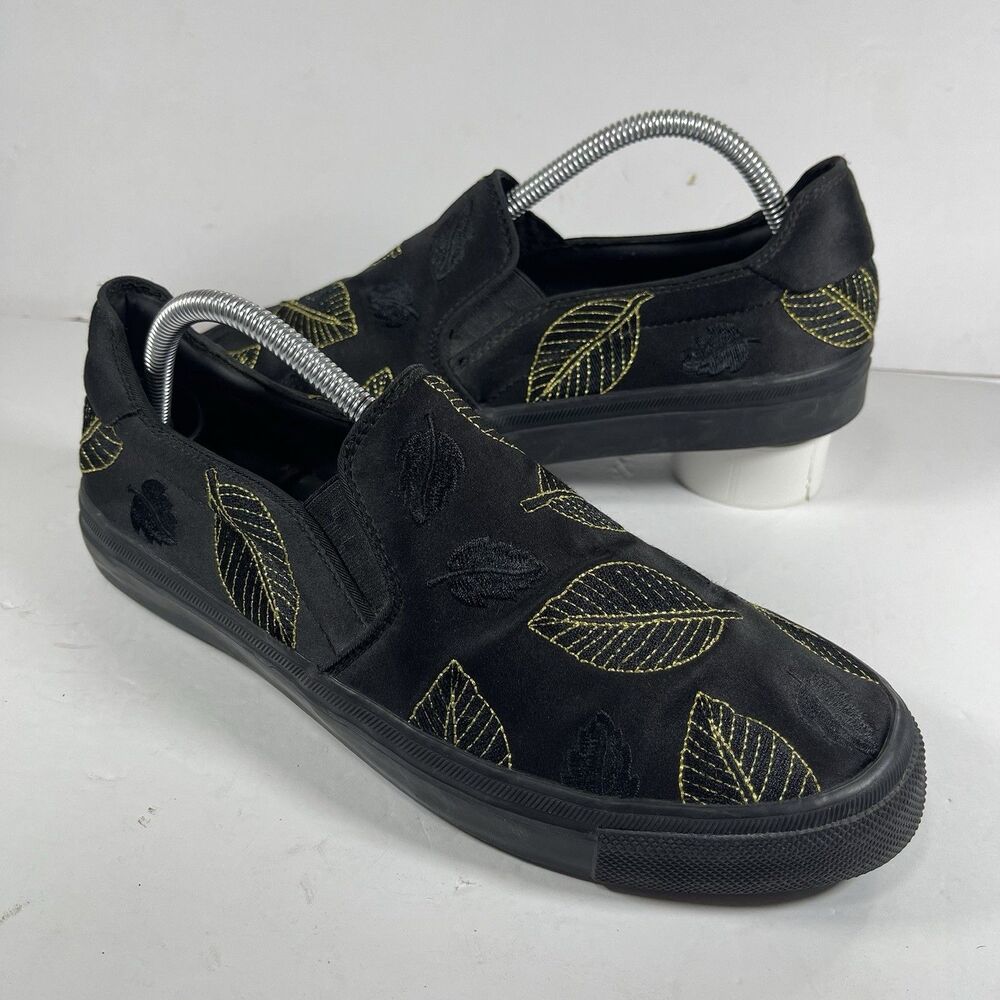 Zara Man Black Satin Slip On Sneakers Gold Embroidered Leaves Men's Size 41 US 8